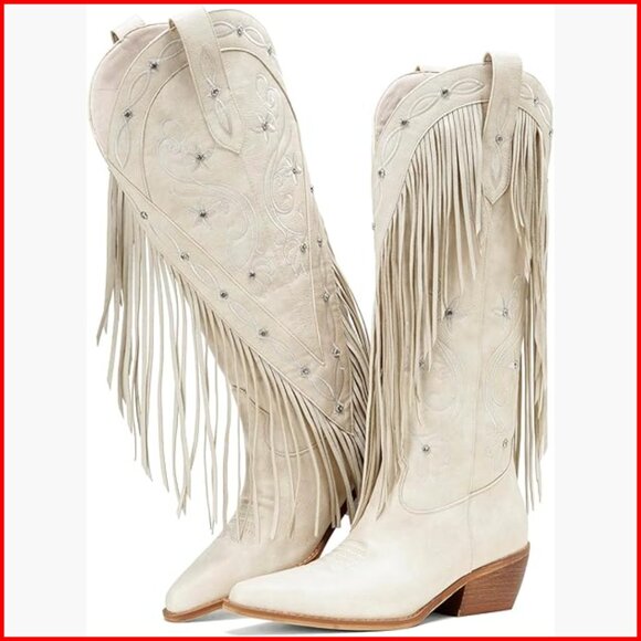 Knee High Fringe Cowboy Boots Wide Calf Pointed Toe Chunky Heel